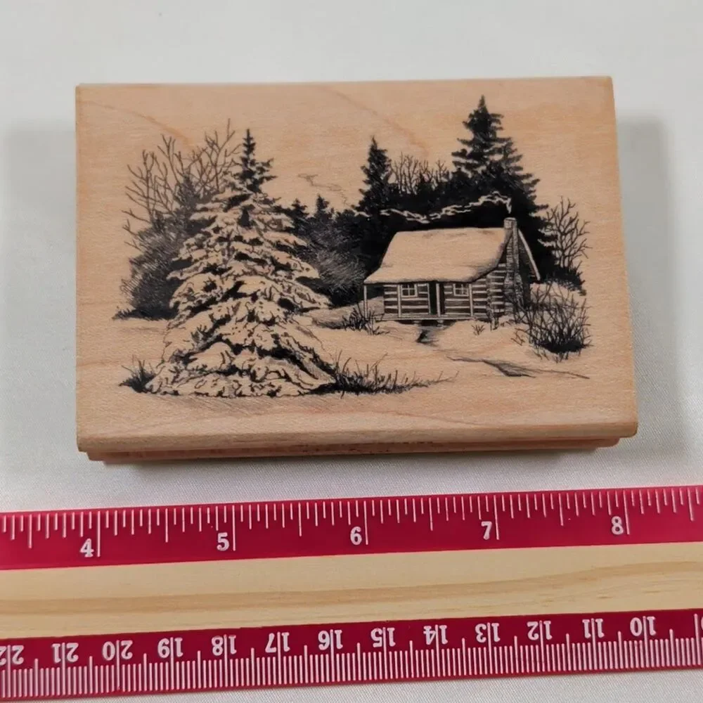 Inkadinkado Winter Log Cabin Snow Scene Wood Mounted Rubber Stamp Trees